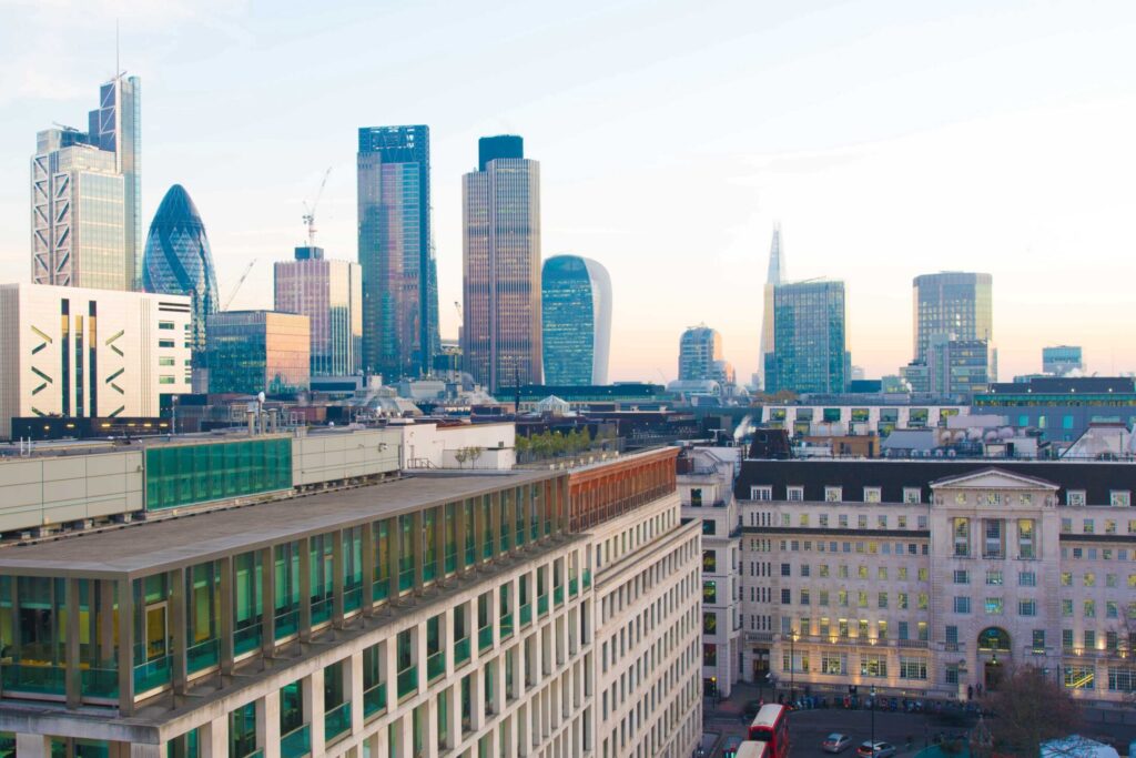 A view out from the Aviary restaurant and bar in Royal London House hotel, looking over Finsbury Square and the skyscrapers of the financial district.