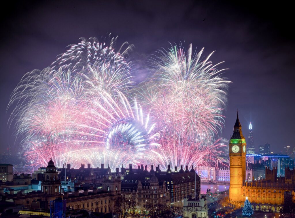 Autumn fireworks over the London skyline, with Big Ben highlighted in the foreground as colourful explosions feature in the background.