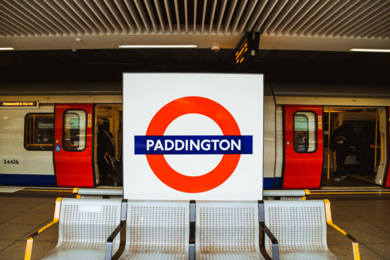 Paddington Station Elizabeth Line entrance and platform, London W2 — TfL Elizabeth line connecting Heathrow Airport to central London
