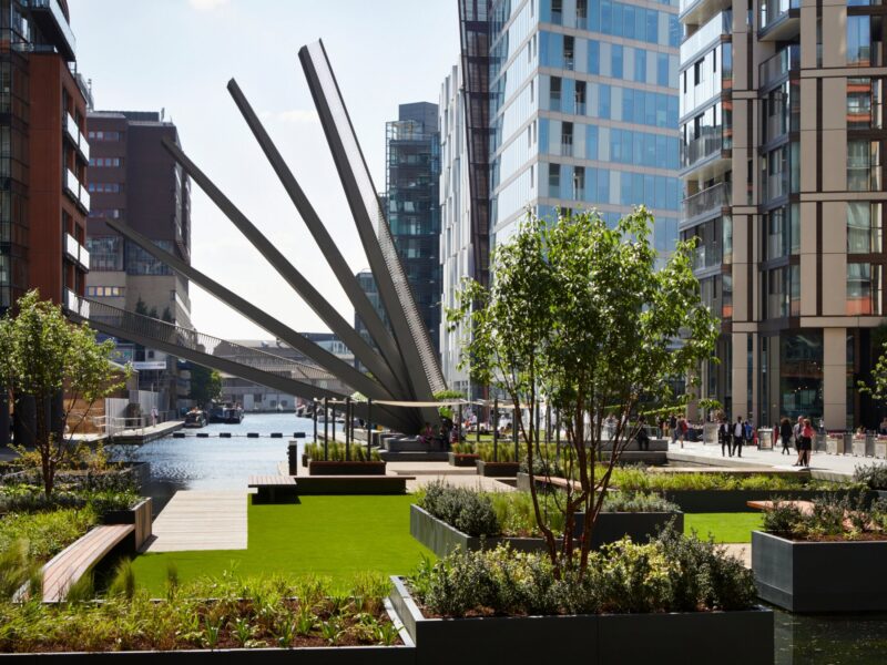 Merchant Square at Paddington Basin showcasing restaurants, seating areas, and lively waterfront atmosphere close to Montcalm Collection hotels in London